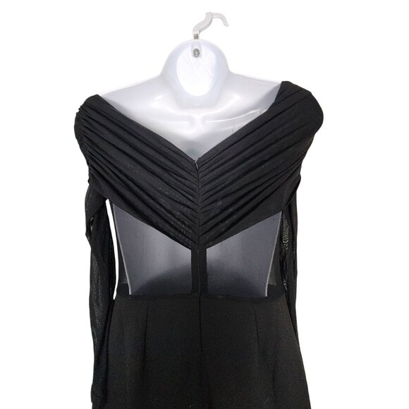 Lulus Sultry Statement Black Mesh Ruched Off-The-Shoulder Jumpsuit Medium - Picture 6 of 8